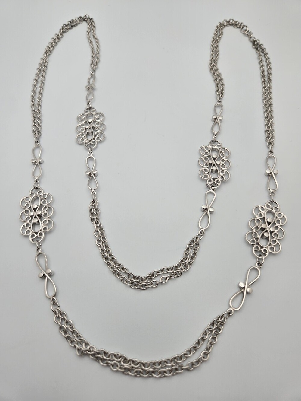 Vintage 1970s Multi-Strand Silver Tone Filigree Station Necklace 40"